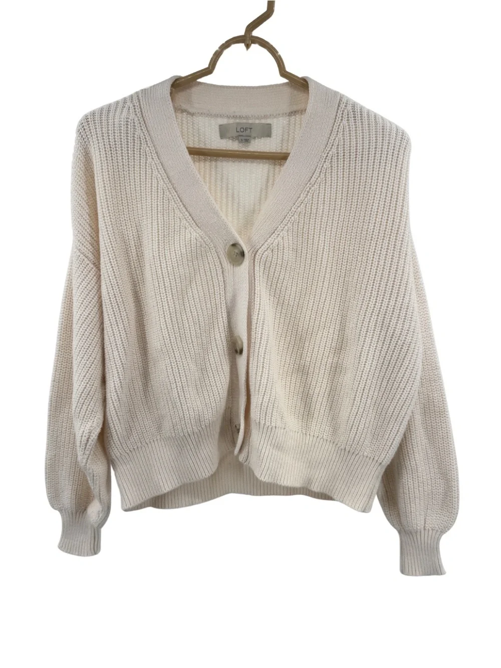 LOFT Cream Ribbed slouchy cropped cardigan S cotton casual fall winter neutral